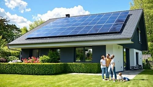 Moderne parcelhus med solceller på taget og familie i haven