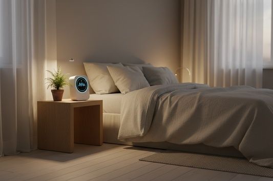 Minimalistisk soveværelse med en lille sensor på sengebordet